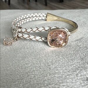 Elegant White and Gold Braided Bracelet with Pink Gemstone